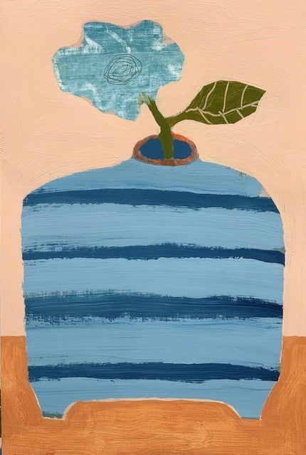 Ellen Rolli - Striped Vessel with Blue Flower Stem (18 x 12)