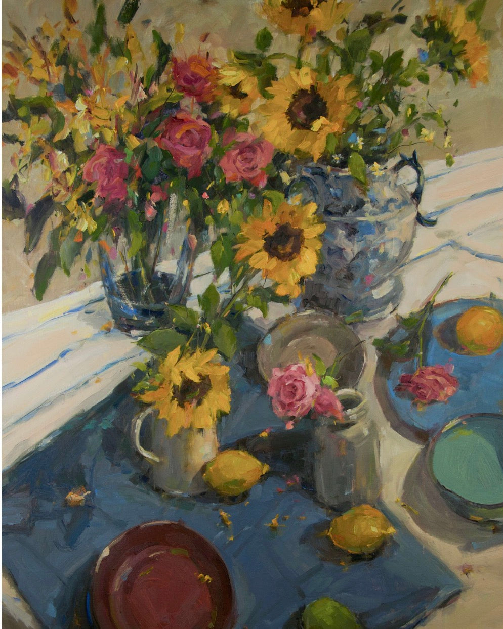 Stephanie Amato - Sunflowers on Blue Cloth (30 x 24)
