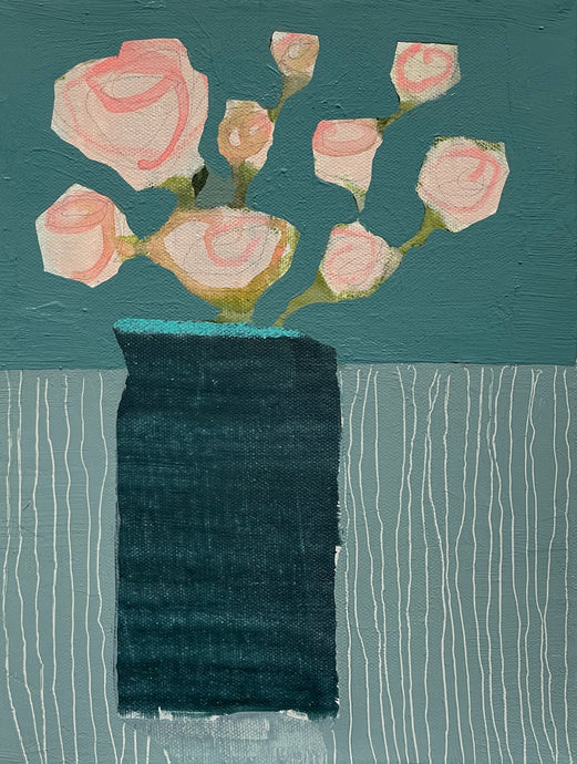 Ellen Rolli - Vessel and Floral on Stripes (12 x 9)