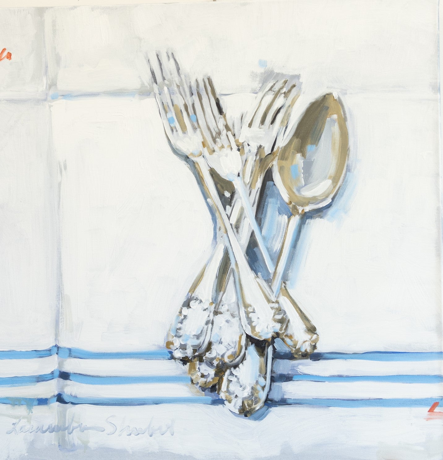 Laura Lacambra Shubert - Silverware on French Linen (24 x 24 x 2.5)