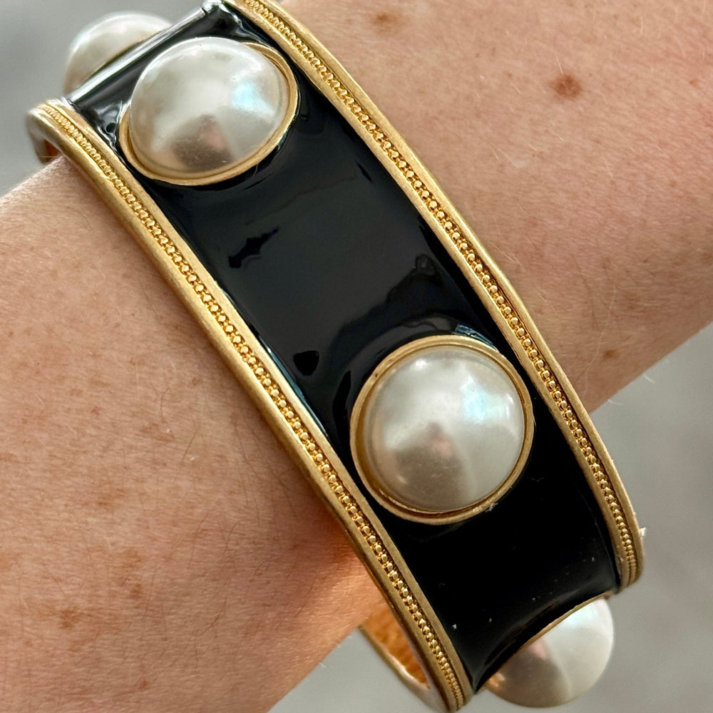 Black Bangle with Pearl Cabochons