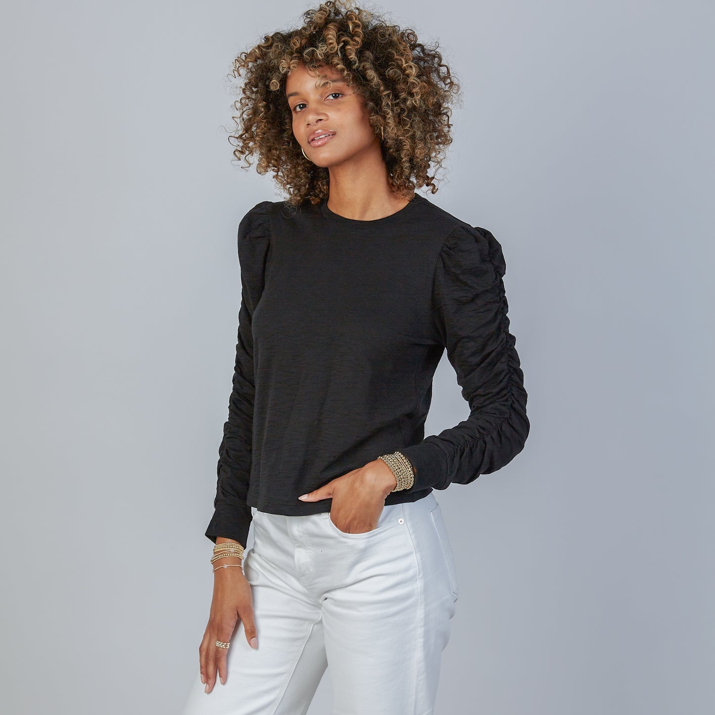 Black Ruched Long Sleeve Shirt