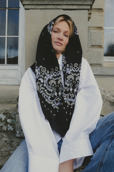 Black Flowers Bandana Cashmere Scarf
