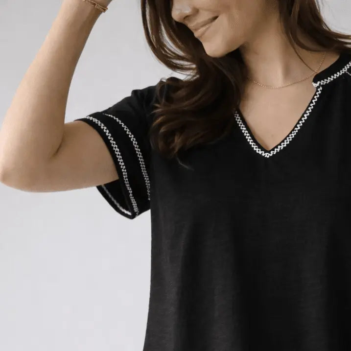 Black with White Stitch Daisy Top