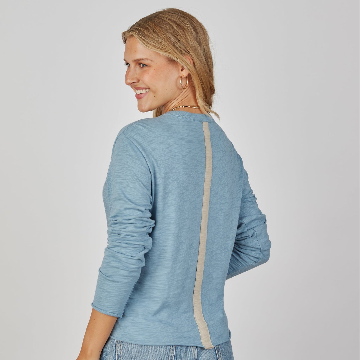 Denim & Taupe Stripe Long Sleeve Relaxed Crew