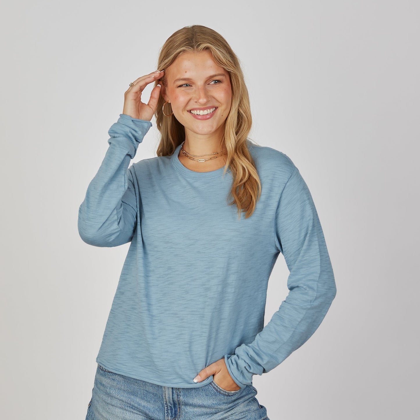 Denim & Taupe Stripe Long Sleeve Relaxed Crew