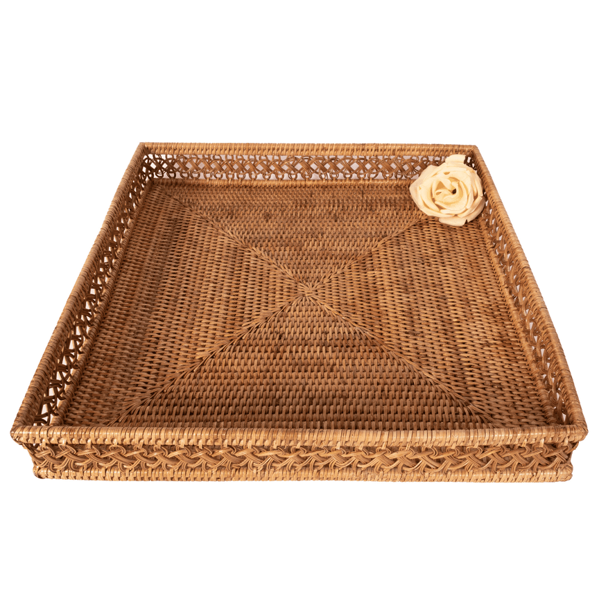 16" Rattan Square Tray & Glass Insert