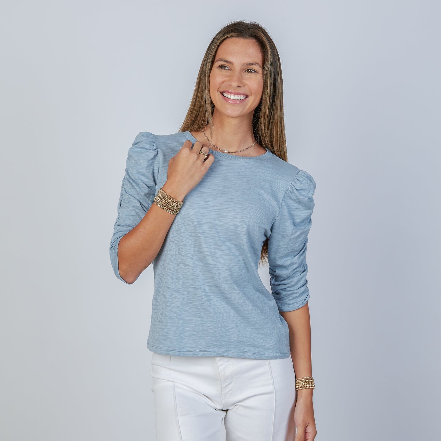 Dusty Blue Ruched Elbow-Length Tee