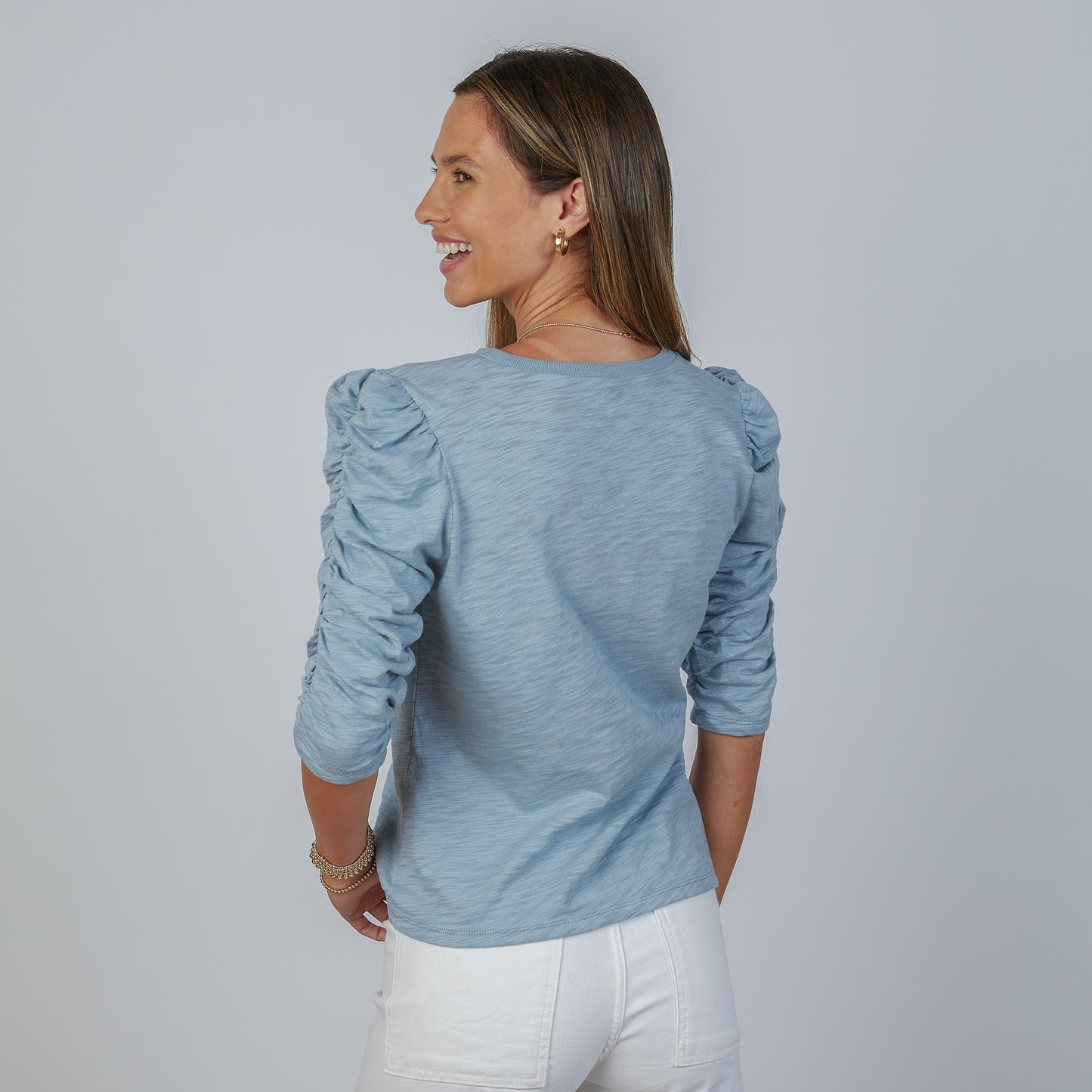 Dusty Blue Ruched Elbow-Length Tee