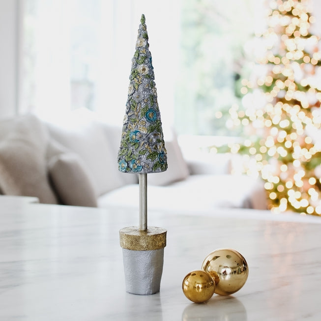 13" Silver Sky Floral Topiary Tree
