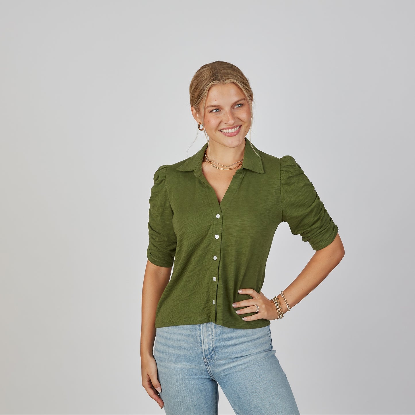 Forest Green Button-Up Elbow-Length Tee