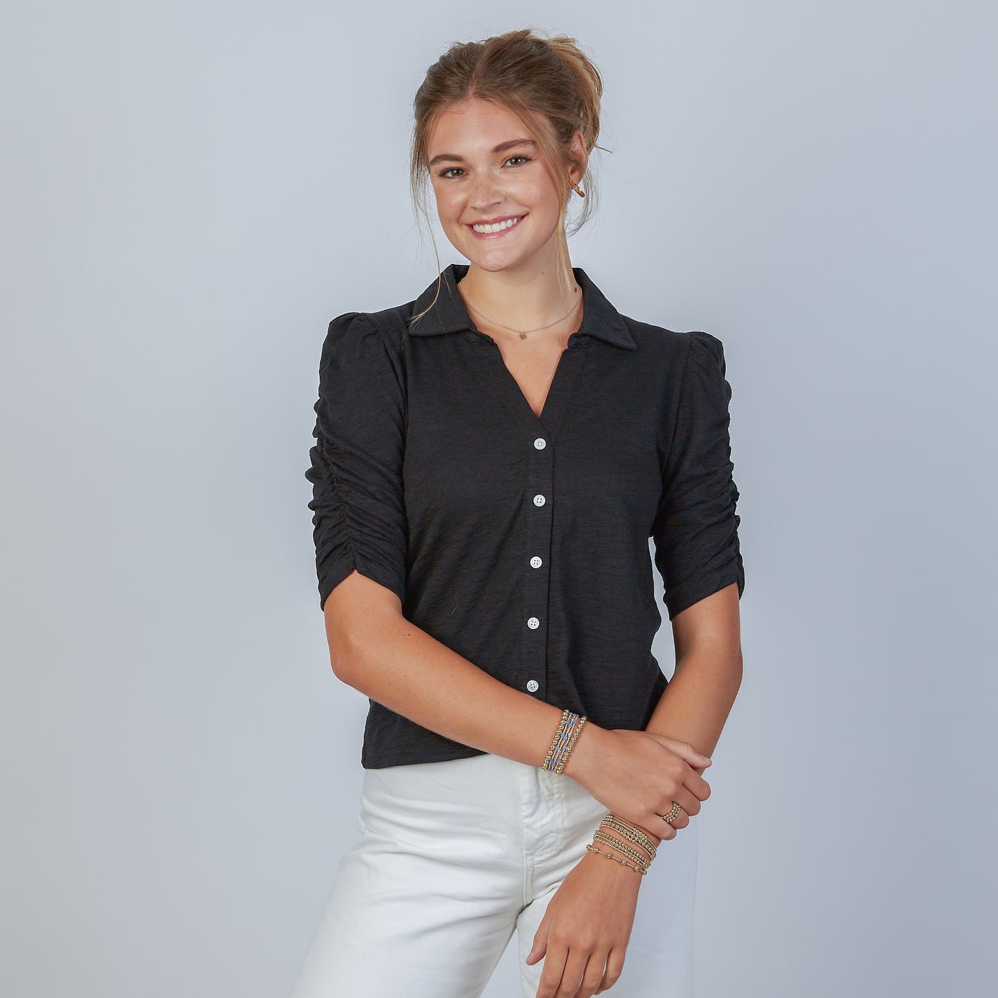 Black Button-Up Elbow-Length Tee