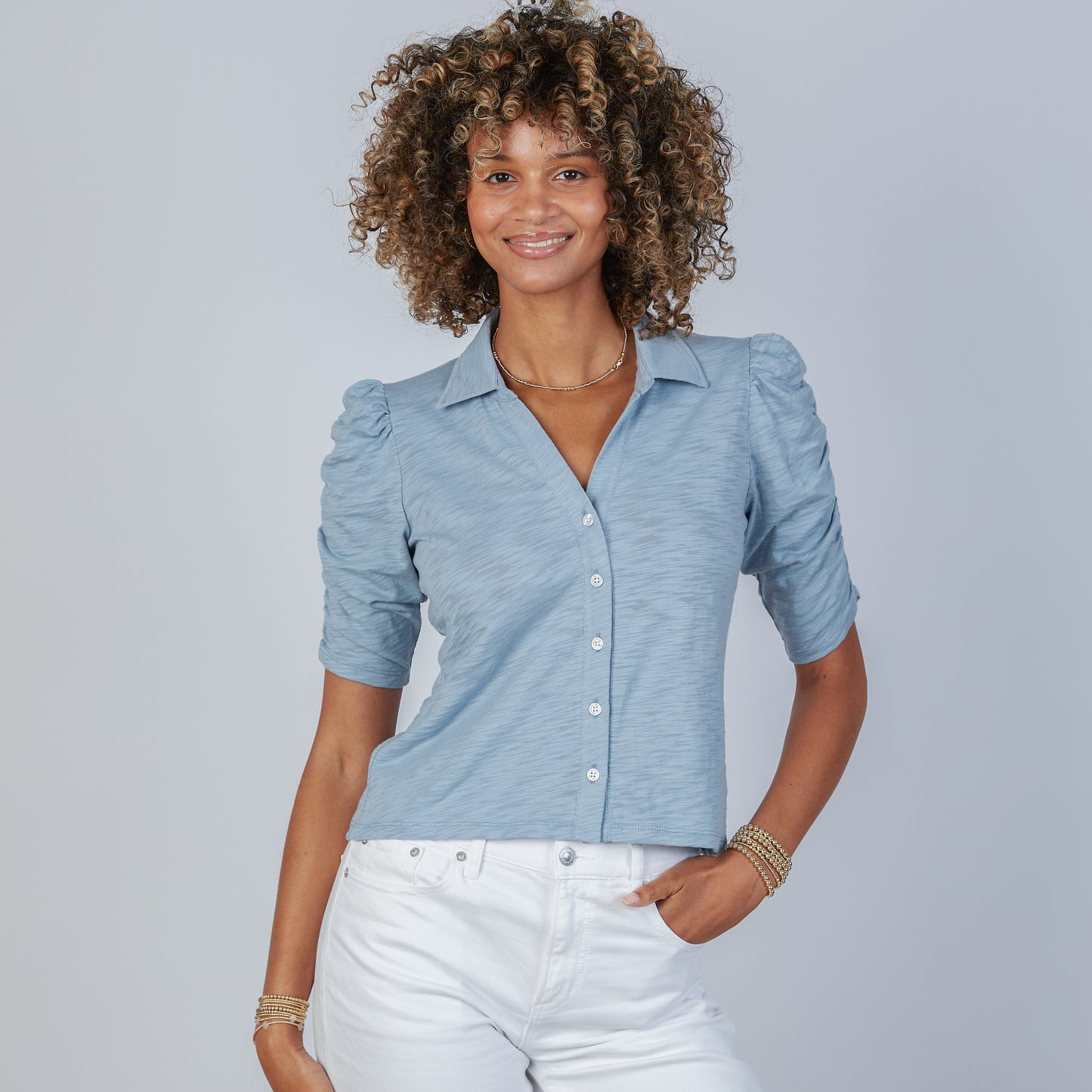 Dusty Blue Button-Up Elbow-Length Tee
