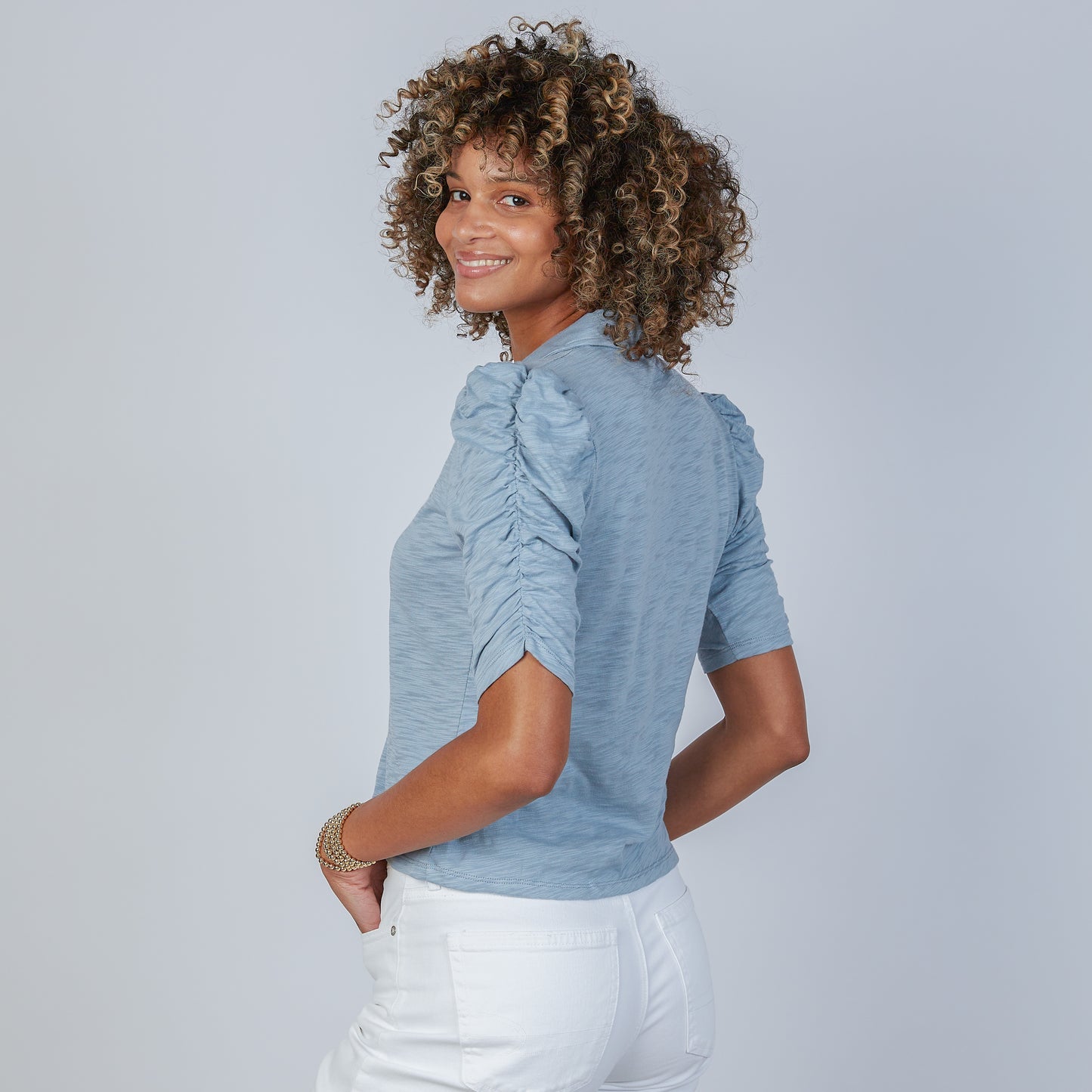 Dusty Blue Button-Up Elbow-Length Tee