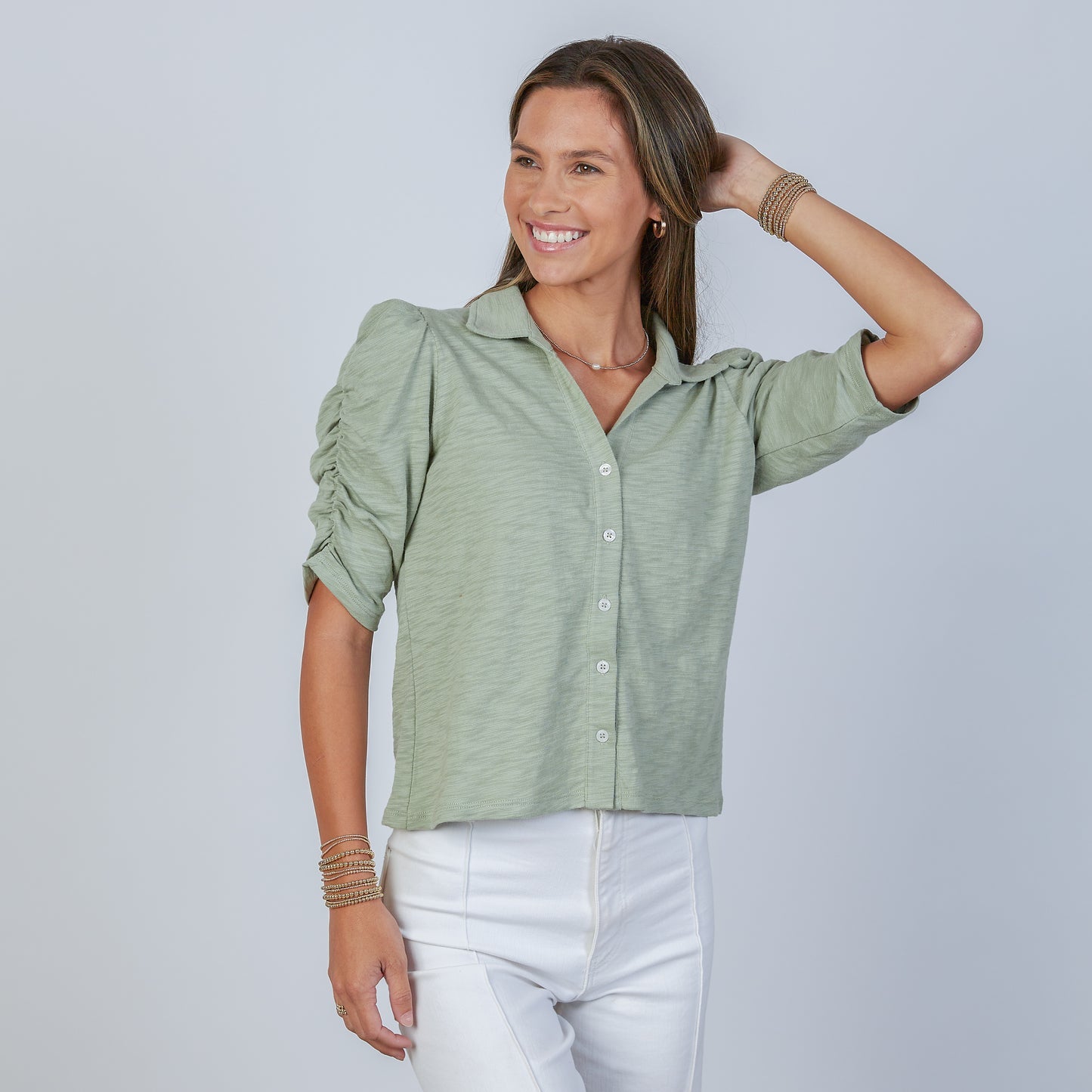 Sage Button-Up Elbow-Length Tee