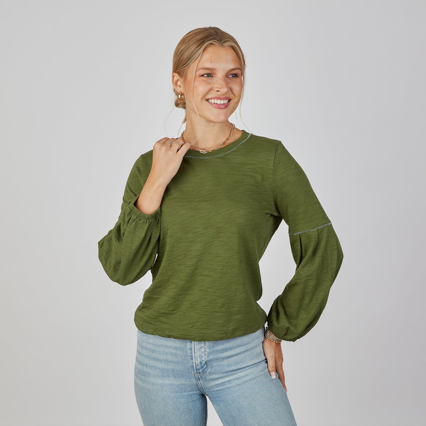 Green English Popover Long Sleeve Top