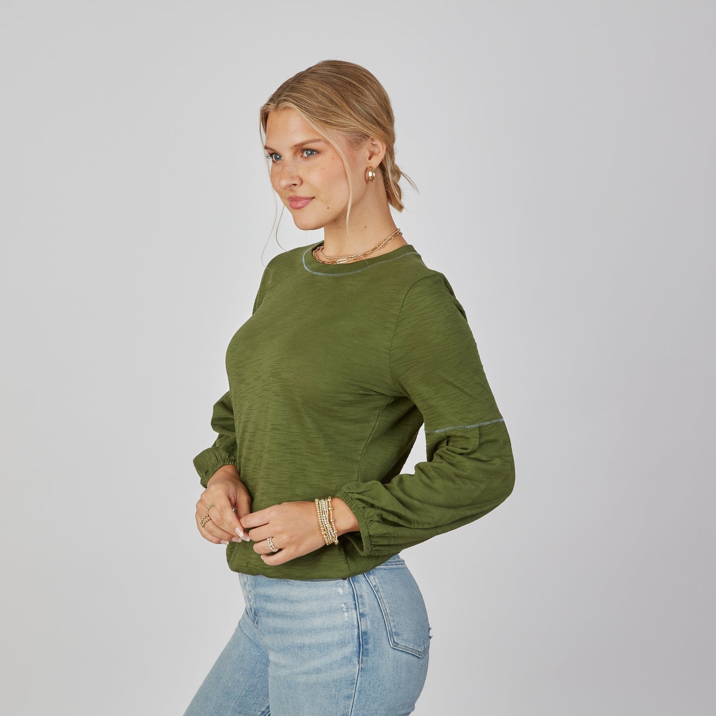 Green English Popover Long Sleeve Top