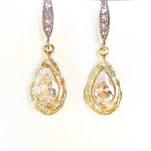 Pear Shape CZ Silver & Topaz 14KYGP Earrings