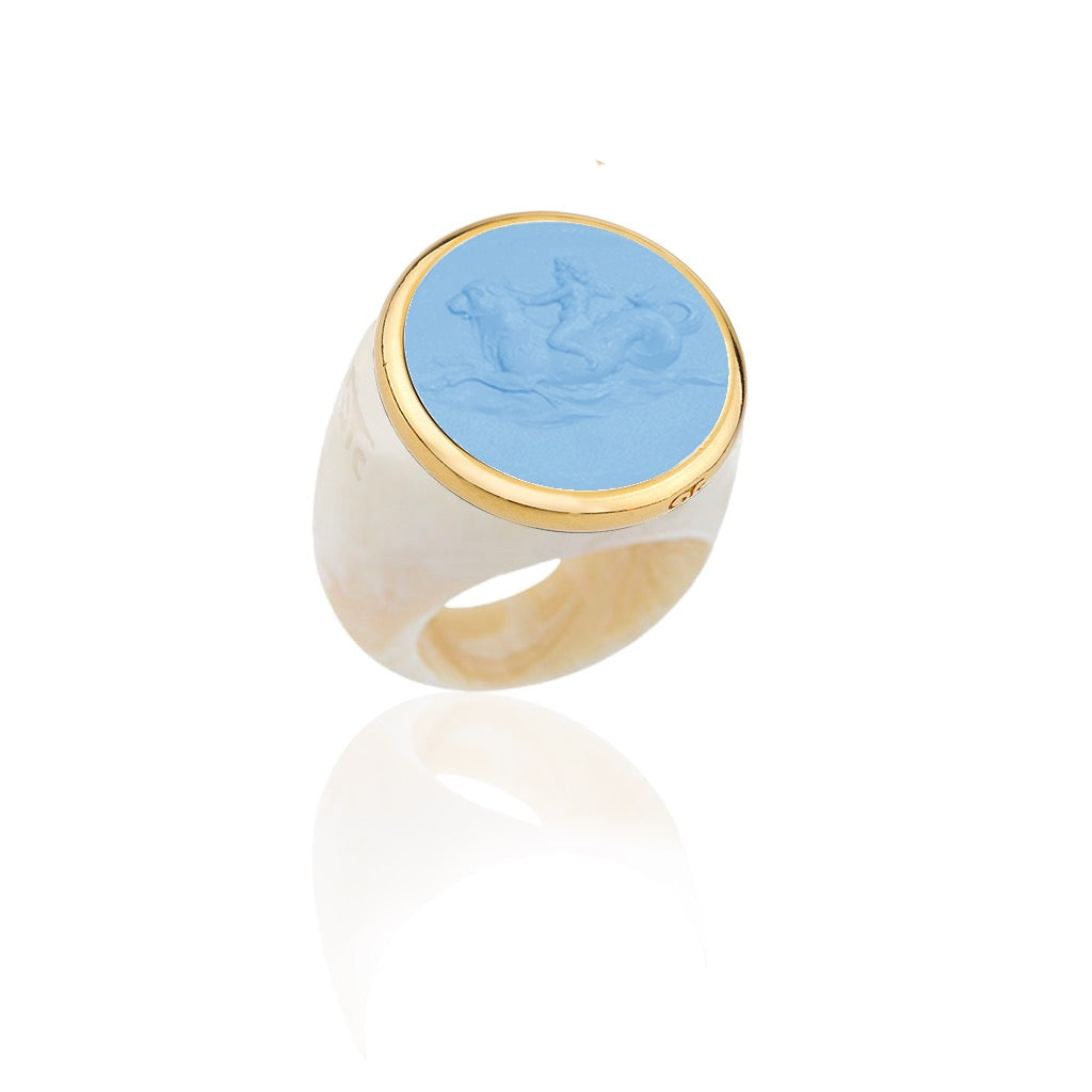 MD Ivory & Blue Cupid on Sea Calf Ring