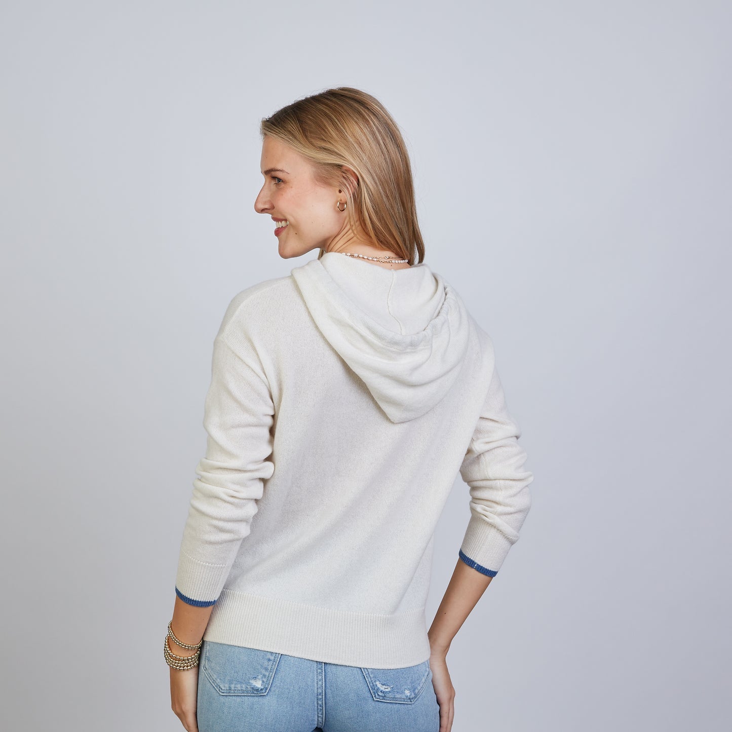 Ivory with Blue Cashmere Hoodie