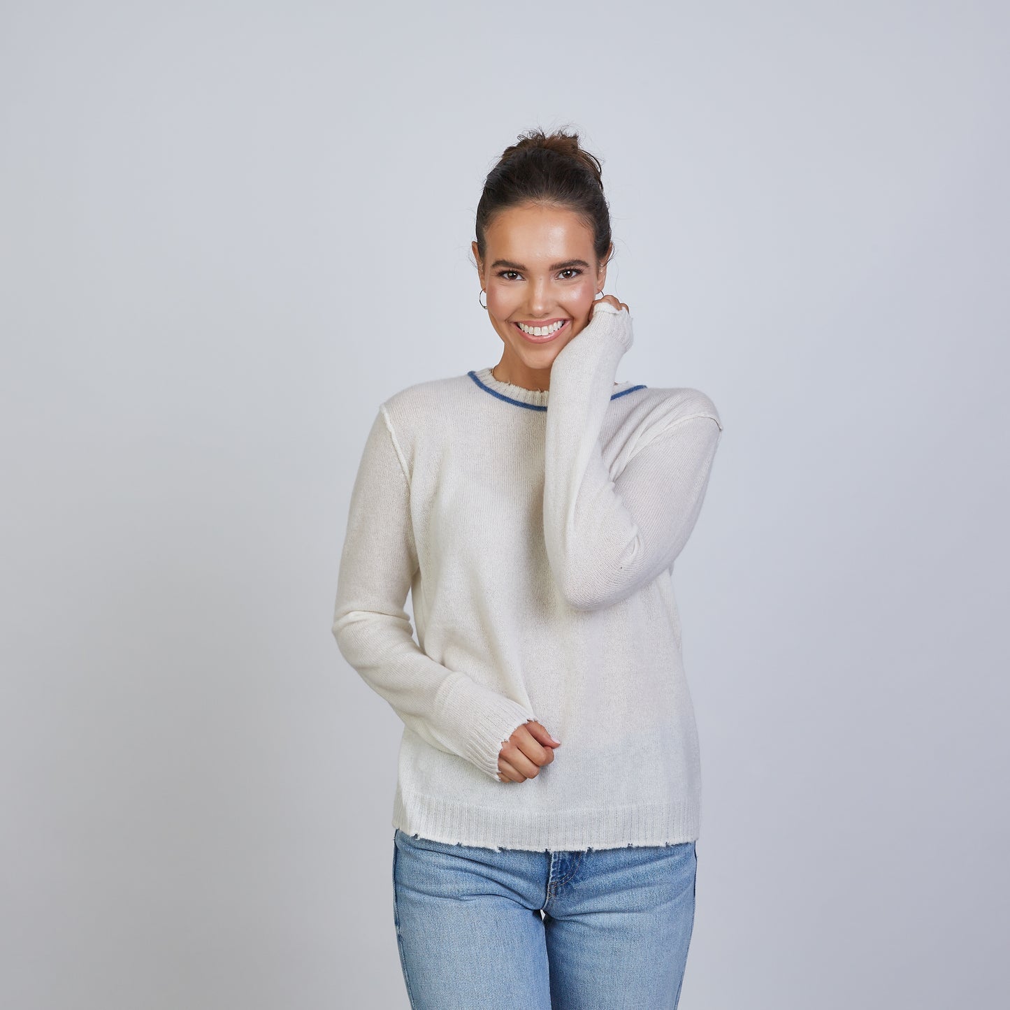 Ivory with Blue Cashmere Sweater