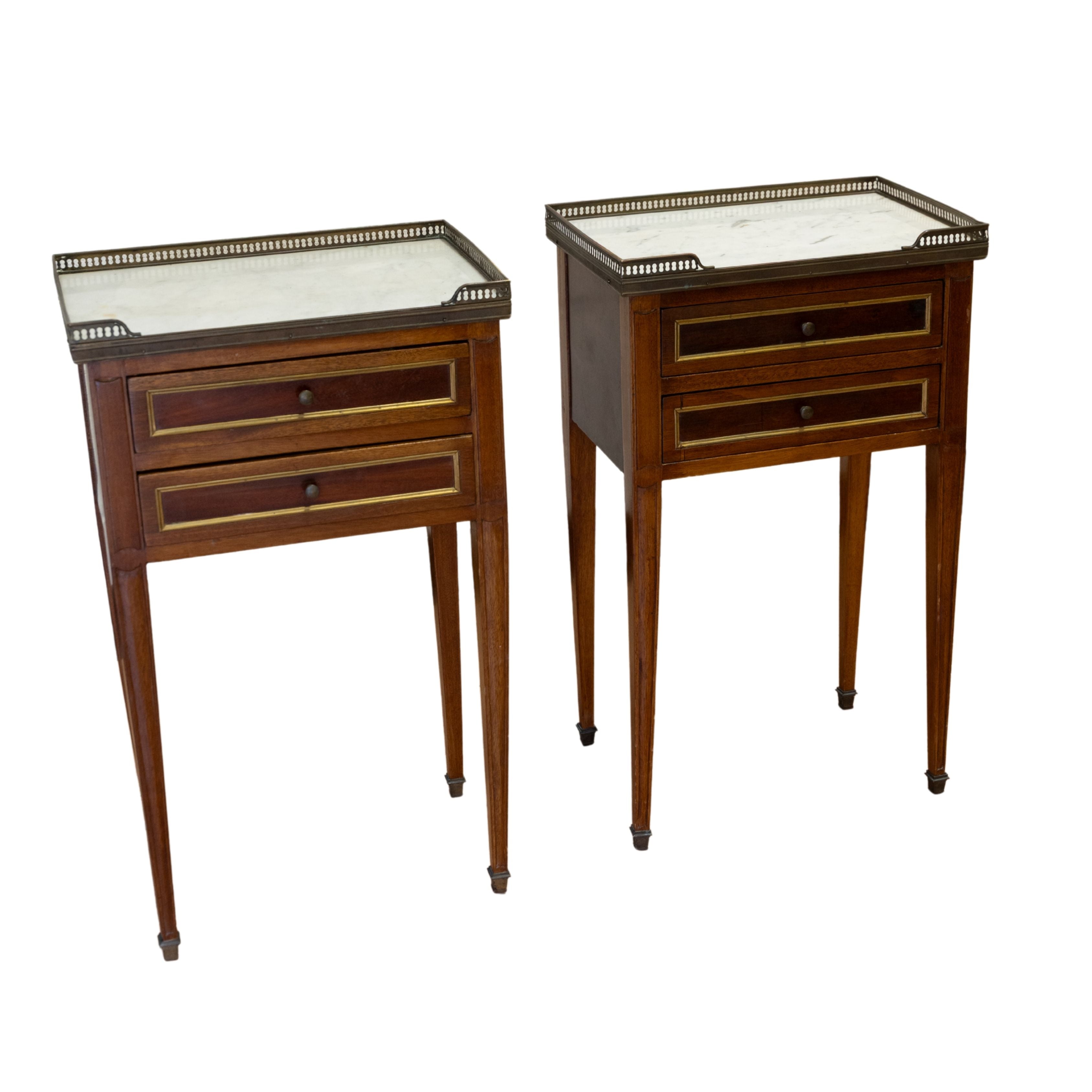Pair Louis XVI-Style Nightstands with Marble Top and Brass Gallery