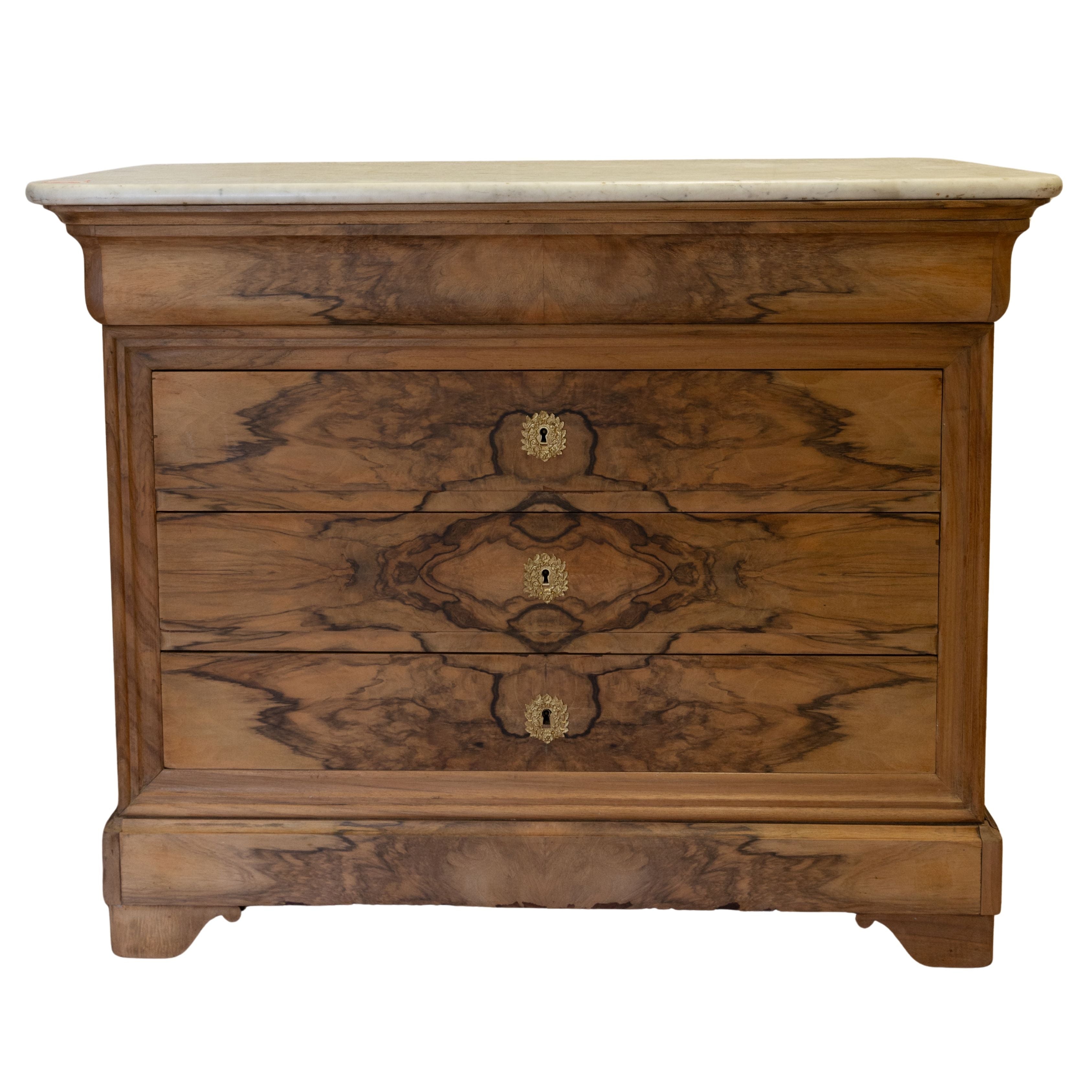 Burled Walnut Louis Philippe Commode with Pale Grey Marble