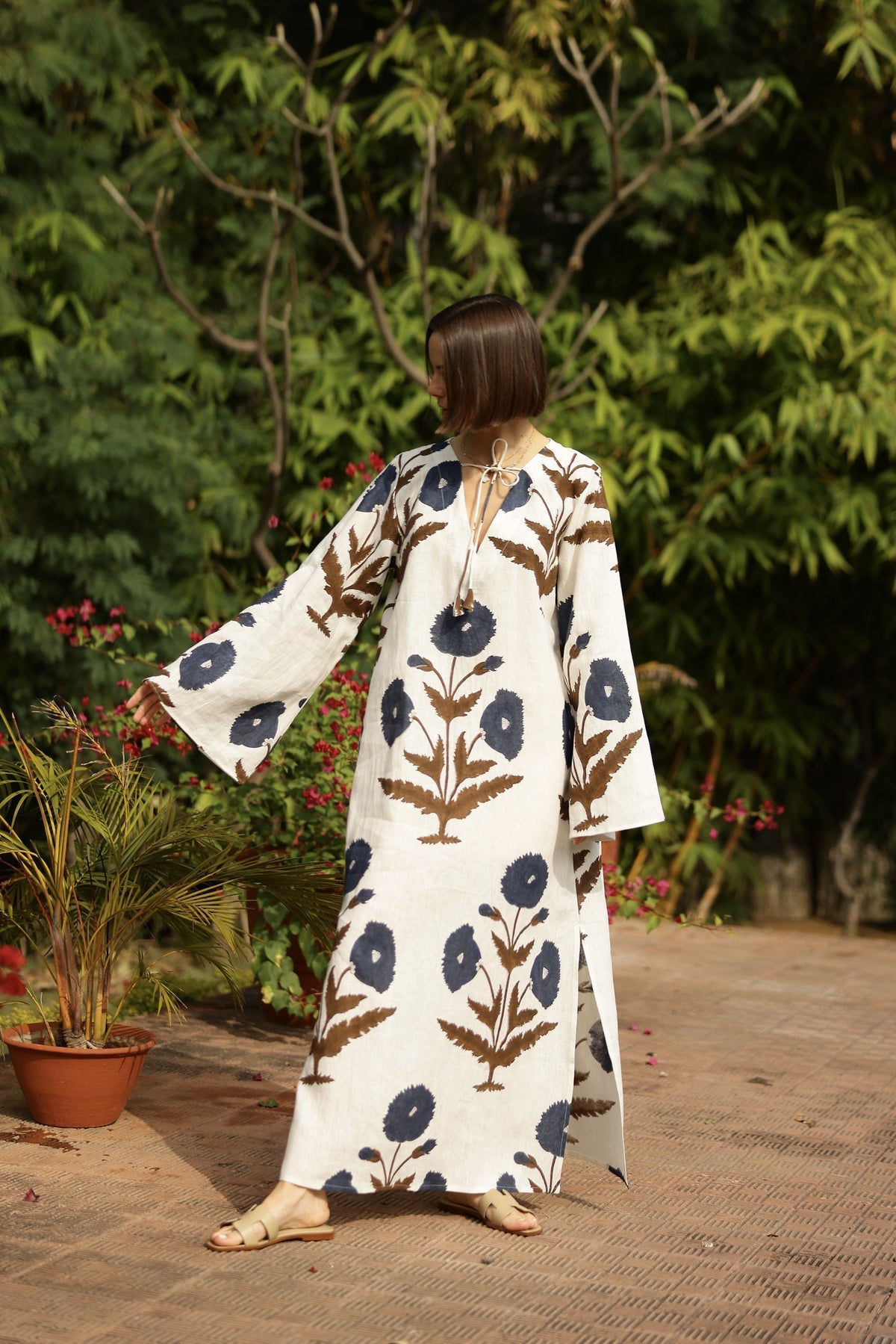 Khaki & Navy Flower Kaftan