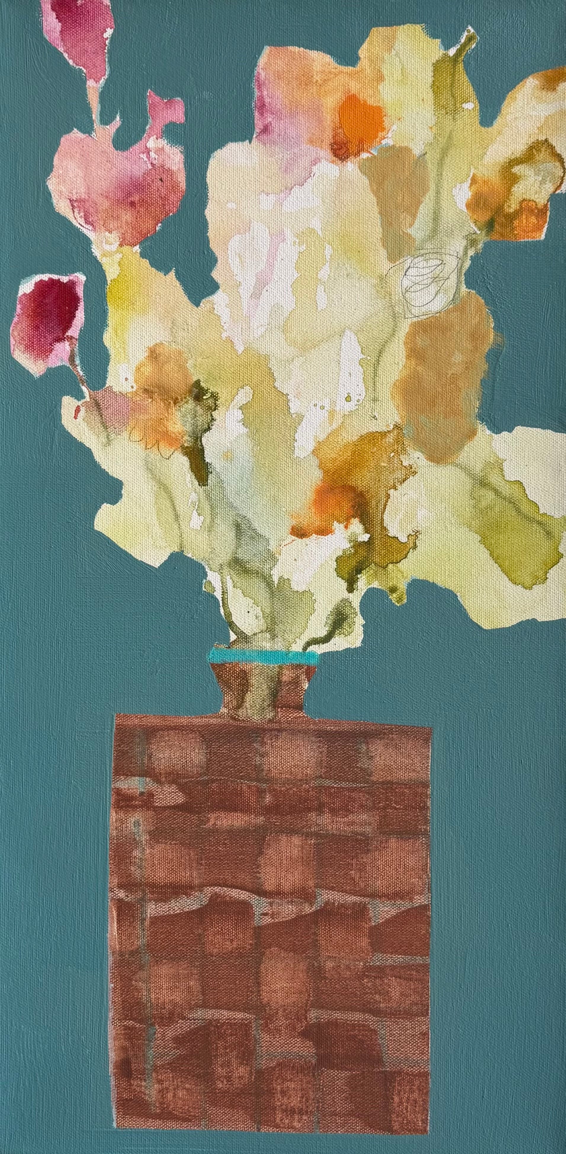 Ellen Rolli - Basket Weave Vessel with Floral Bouquet (24 x 12)