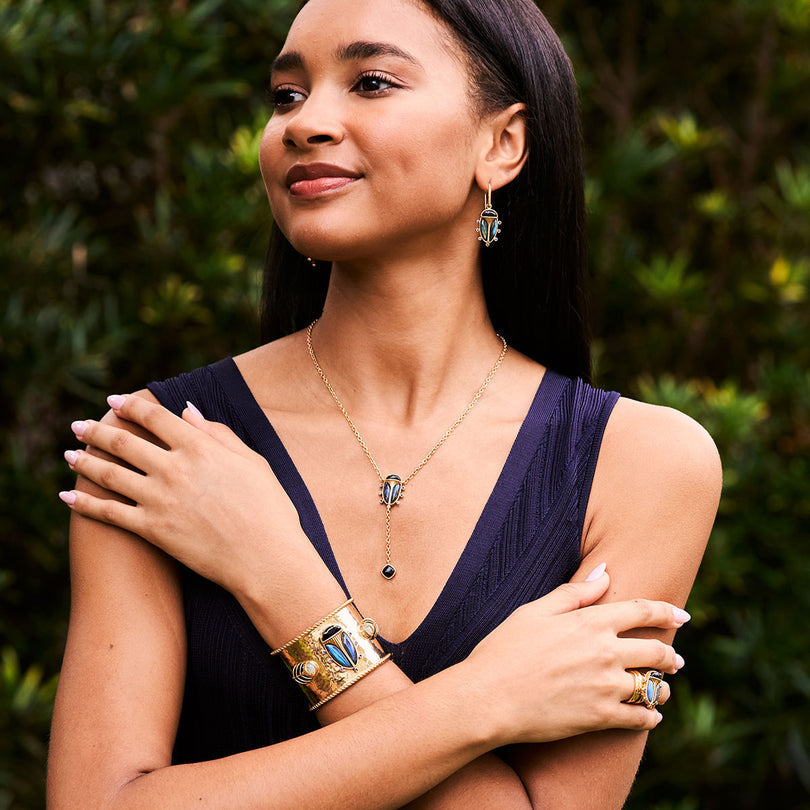 Labradorite & Agate Scarab Lariat Necklace