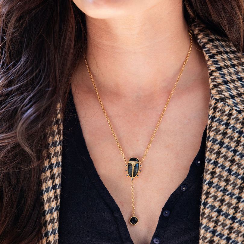 Labradorite & Agate Scarab Lariat Necklace