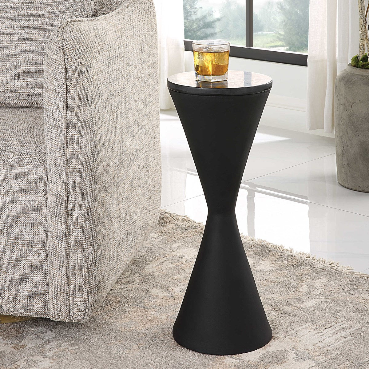 Matte Black & Marble Hourglass Table