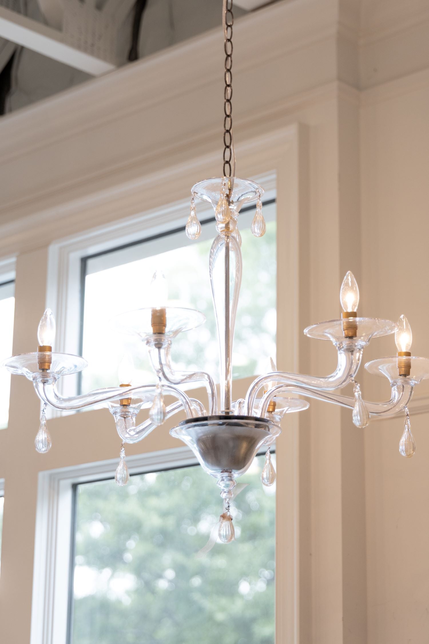 Vintage Venetian Murano Glass Chandelier with Clear Glass and Amber Drops