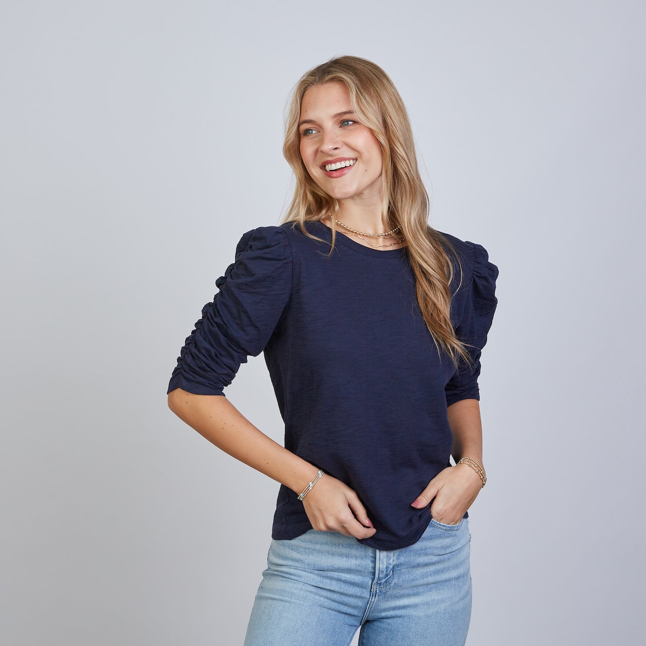 Navy Ruched Elbow-Length Tee