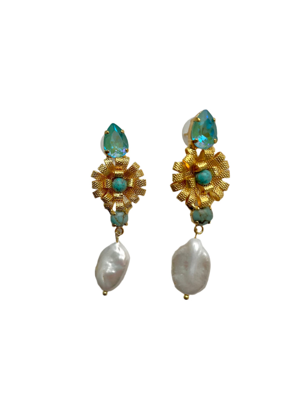 Pearl & Blue Crystal Flower Earrings