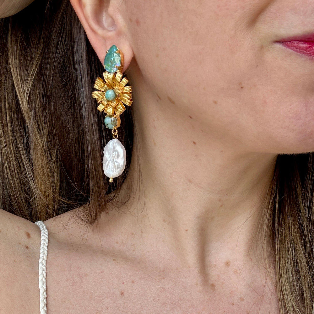 Pearl & Blue Crystal Flower Earrings