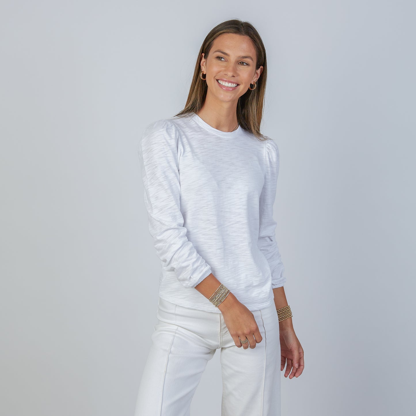 White Ruched Long Sleeve Shirt