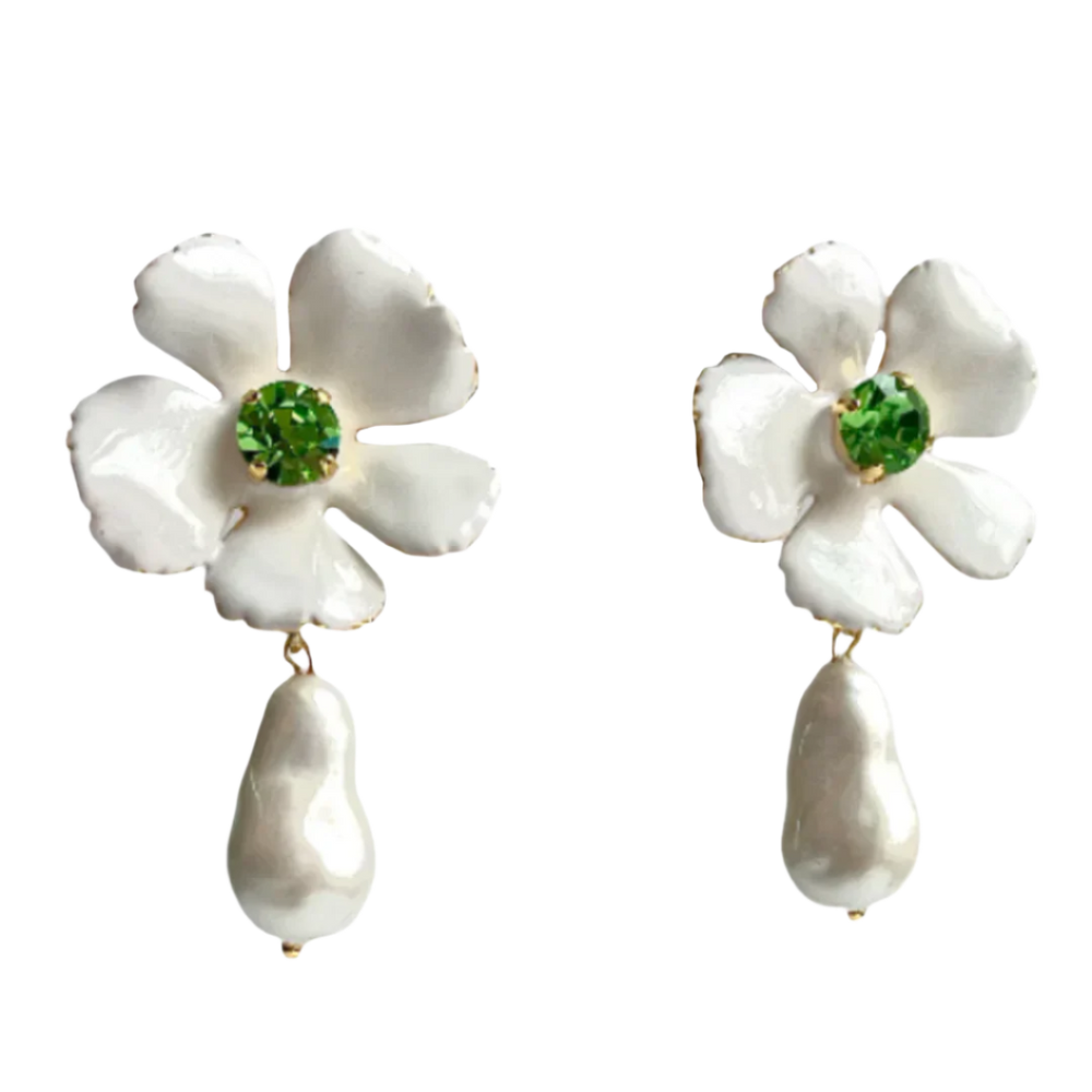 White Enamel & Green Flower Earrings