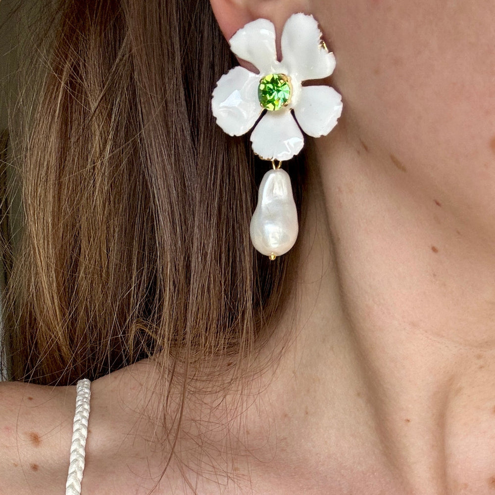 White Enamel & Green Flower Earrings