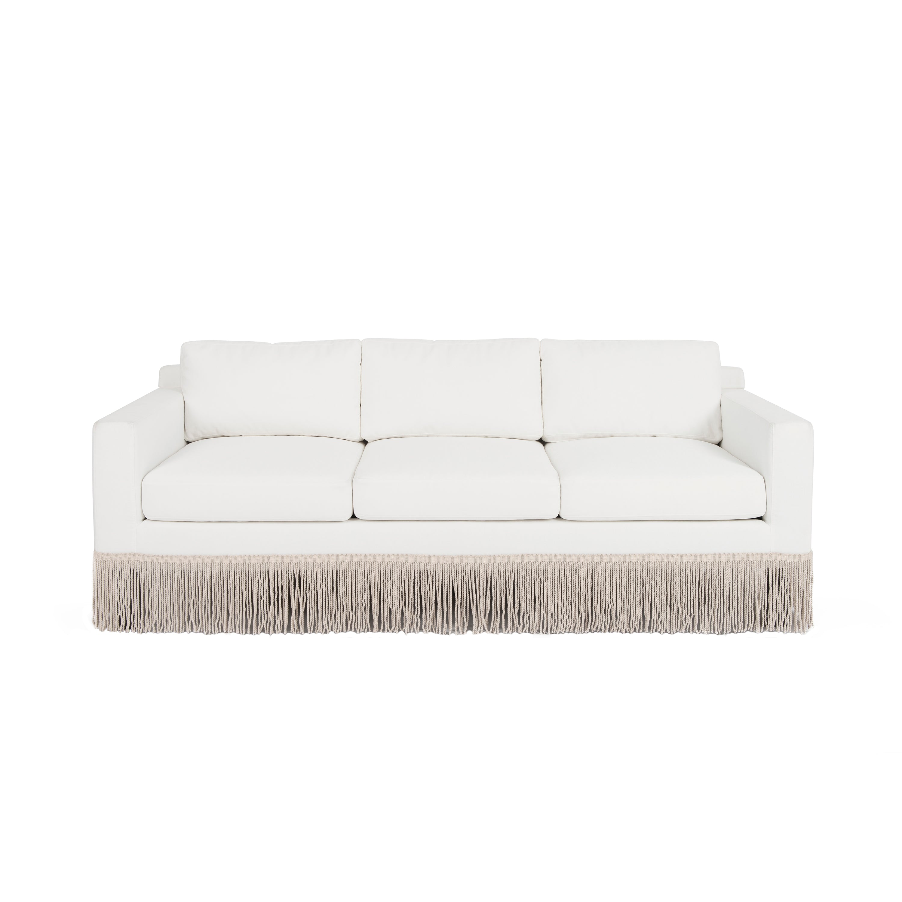 White Linen & Ivory Fringe Sofa