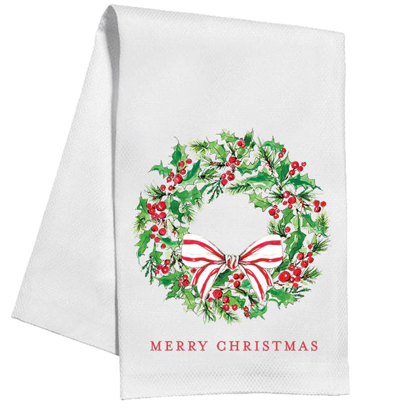 Merry Christmas Holly Wreath Bow Towel