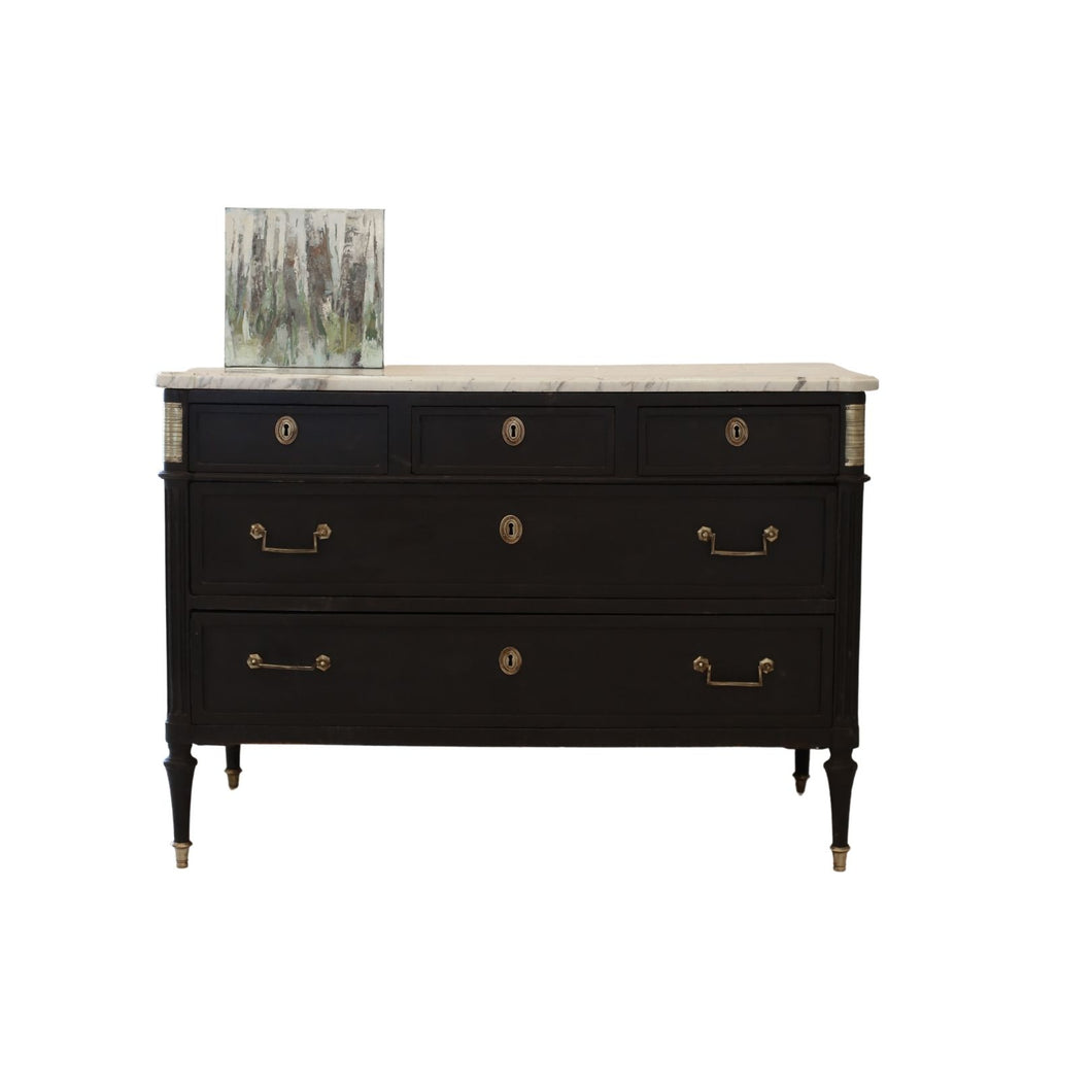 Black-painted late 19th century Louis XVI commode with white marble and brass accents