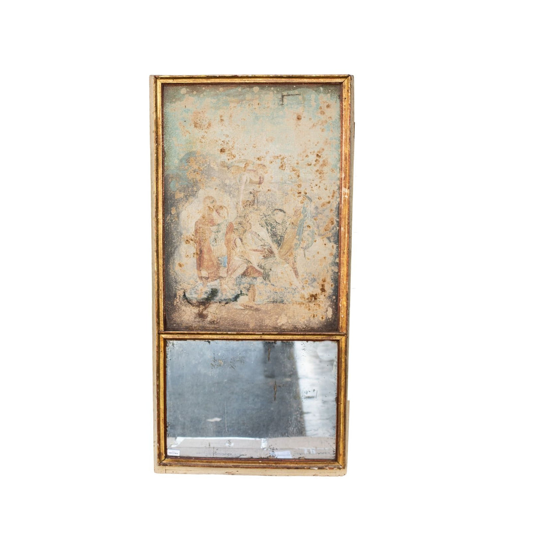 Antique painted rectangular trumeau mirror  with original wavy glass at the bottom