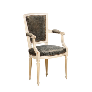 White Louis XVI Arm Chair With Green Strie Velvet