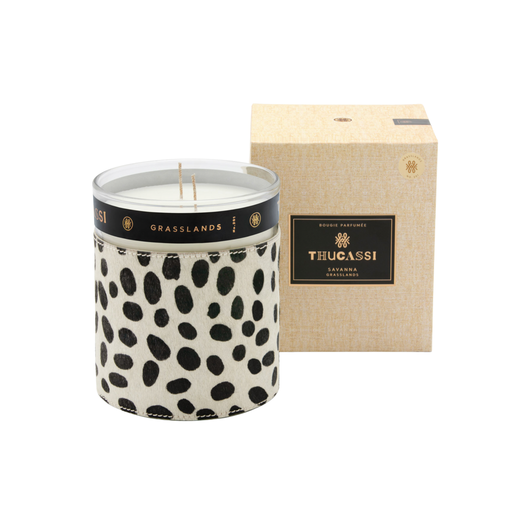 Dalmatian spot cowhide wrapped Thucassi candle 