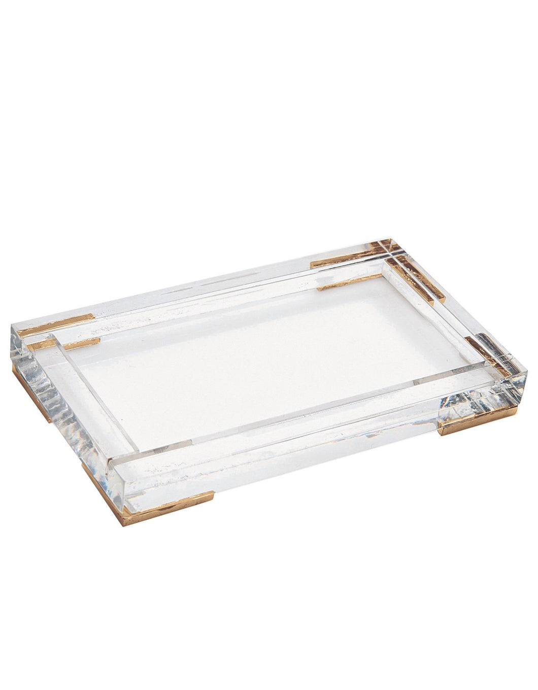 Rectangular clear lucite shallow tray with brass corner accents