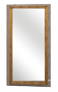 Rectangular wood frame mirror with outer gray painted edge and inner ridged gold frame