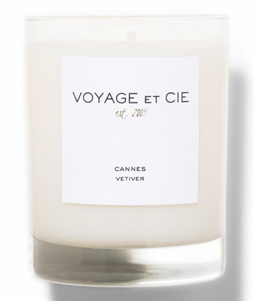 Voyage et Cie round candle in vetiver fragrance clear glass container