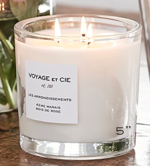 Voyage et Cie three wick round candle in clear glass container