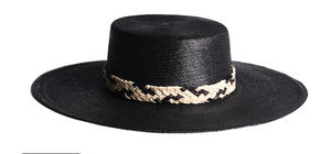 wide brim black hat with black white woven band